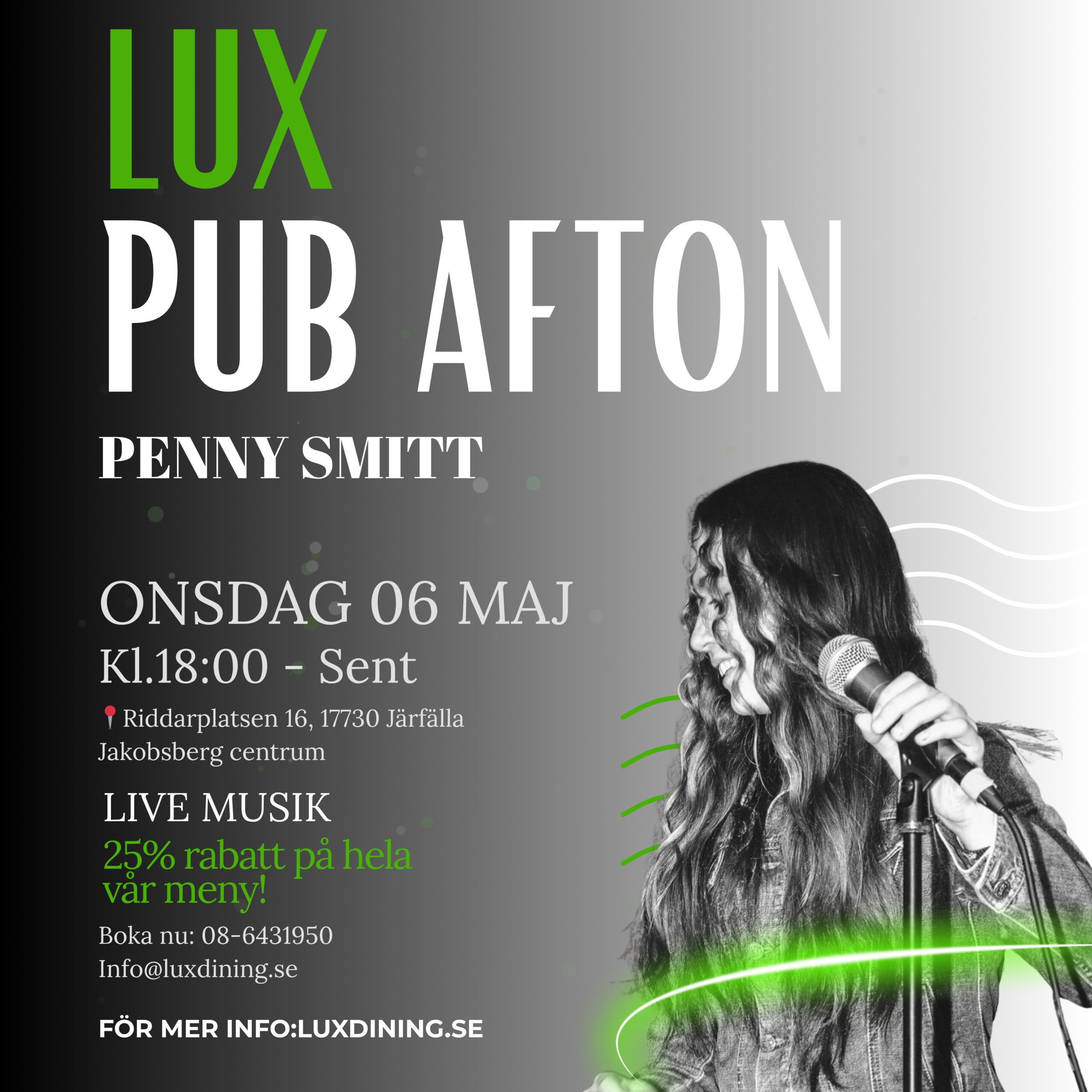 LUX Pub Afton med Penny samt 25% rabatt på menyn! Lux